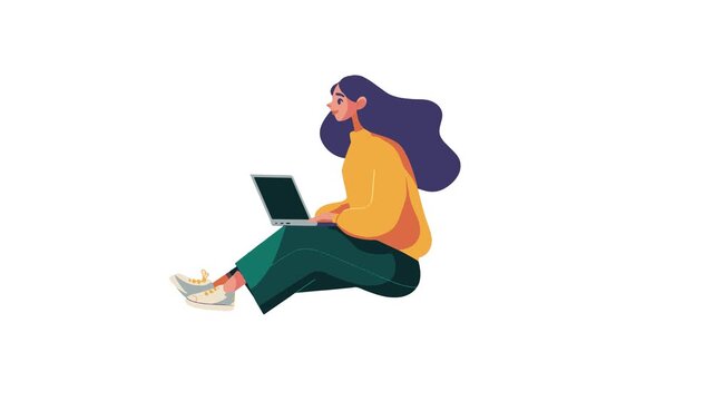 girl with laptop flat design character video animation suitable to your technology, marketing, business, and more