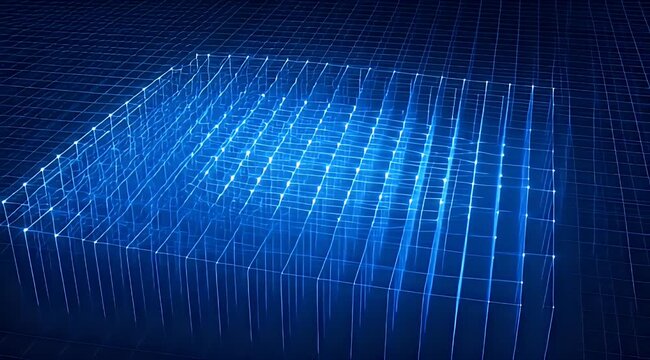 Woven blue light grid forms abstract, glowing digital landscape