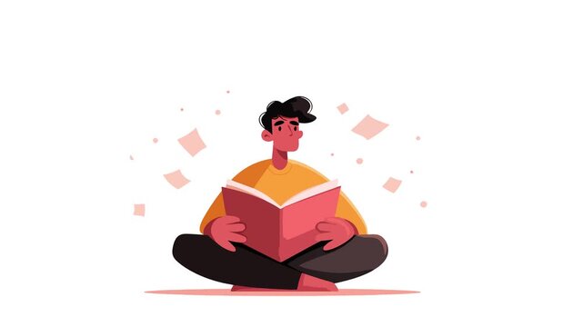 Boy reading book flat design character video animation suitable to your brand, school, learn, study, highschool, library, cartoon, mascot, template, business, and more