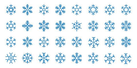 Collection of 32 unique snowflake icons in minimal blue style. Winter holiday vector illustration set for Christmas and seasonal design © Lifeking
