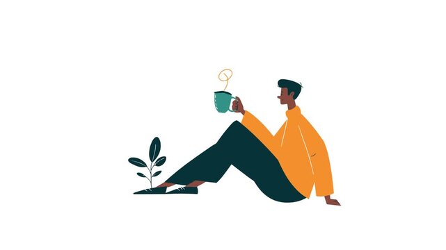 Boy drink a coffee flat design character video animation suitable to your brand, display, template, bar, social, cafe, shop, restaurant, fnb, business, and more