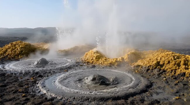 Geothermal landscape featuring mud pools, steam vents, and yellow mineral deposits on earth