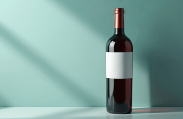 Naklejka premium Dark glass wine bottle with blank label stands on table. Soft light casts shadows on teal background. Perfect for branding or product display.