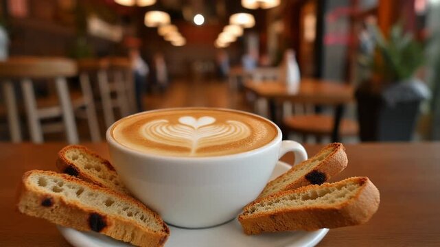 A cup of coffee with biscotti on a saucer.