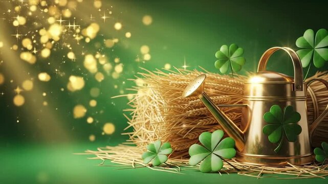 Golden watering can with shamrock on green background. St. Patricks Day celebration with traditional Irish symbols. Luck, harvest concept.