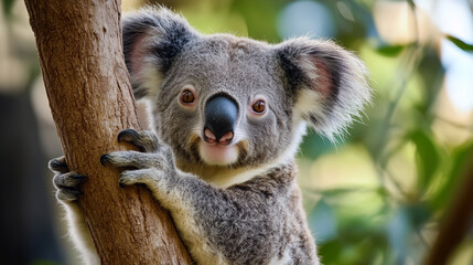 Naklejka premium Koala sits on a branch in the forest