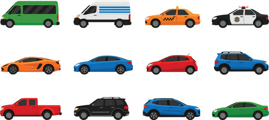 vehicles, car collection, transport set, automobile types, taxi, police car, van, pickup truck, SUV, hatchback, sedan, vector illustration © Mst