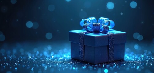 Obraz premium Dark blue gift box with sparkly ribbon sits on reflective surface. Glittering lights and bokeh effect create magical atmosphere. Present for special occasion mystery surprise.