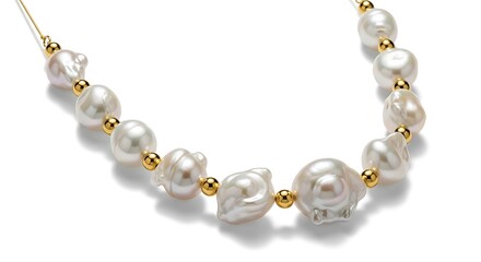 Fototapeta premium Elegant white freshwater pearl necklace with gold clasp on white background