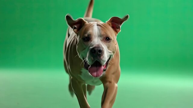 Happy brown and white pitbull dog running directly towards the camera against a green screen background