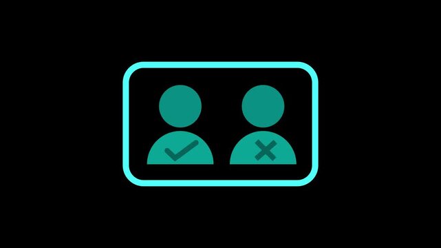Teal colored user with a checkmark and an X inside a rounded rectangle on a black background representing approval and disapproval or correct and incorrect choices