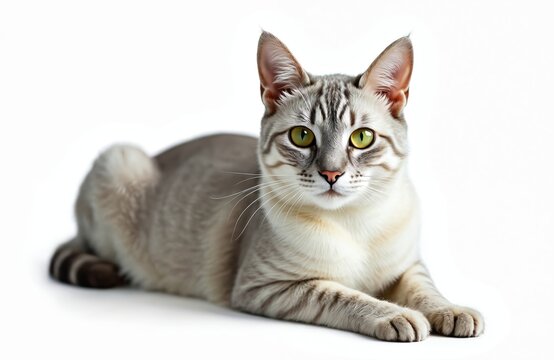 Silver burmilla cat lies on white studio background. Young pet with green eyes and striped fur looks at camera. Domestic animal rests peacefully.