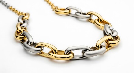 Obraz premium Gold and silver interlocking chain necklace close-up on white background luxury jewelry