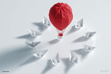Red hot air balloon surrounded by white paper boats in a circle.