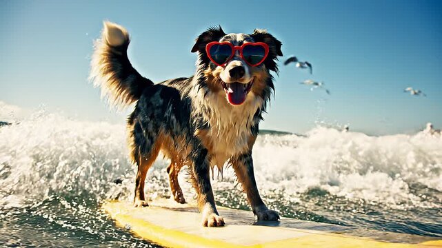 Dog surfing on a yellow board.