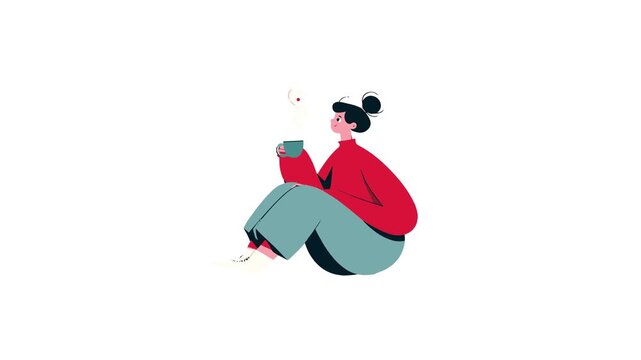 Girl drink a coffee flat design character video animation suitable to your brand, display, template, bar, social, cafe, shop, restaurant, fnb, business, and more