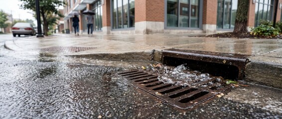 Fototapeta premium Rainwater flowing into a metal storm drain on a wet city street. Urban drainage system during a rainy day. Water runoff concept