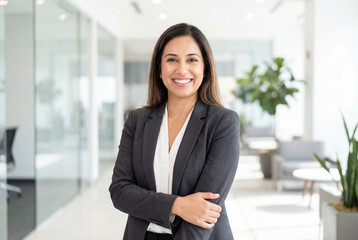 Obraz premium Confident businesswoman in a suit smiling with arms folded in a modern office