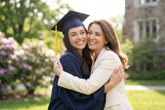 Proud mother embracing her daughter in a cap and gown on graduation day at a university campus