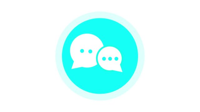 Two overlapping speech bubbles with rounded edges and three dots inside each, rendered in a bright cyan color, enclosed within a larger cyan circle against a clean white background, representing