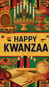 Celebratory kwanzaa table with kinara, african patterns, and cultural artifacts