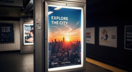 Fototapeta premium Advertisement Billboard in Subway Station at Sunset.