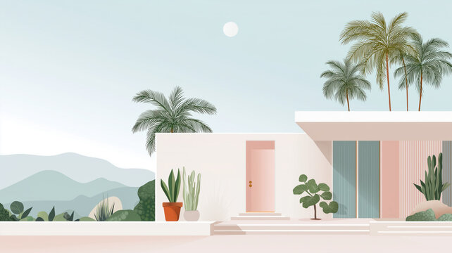 Vector illustration of a modern minimalist house with palm trees. Palm Springs style architecture in a desert landscape with pastel colors