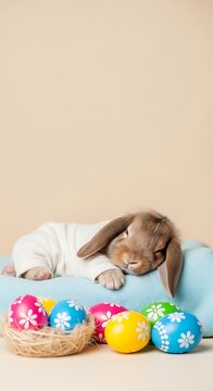 Baby bunny sleeping beside decorated Easter eggs