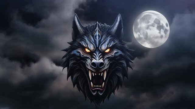 A wolf's head with glowing eyes under a full moon in a dark cloudy sky.