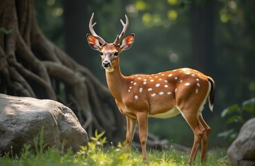 Obraz premium Spotted deer with antlers stands in green grass near large tree roots and rock. Animal looks left, aware of surroundings in natural forest habitat.