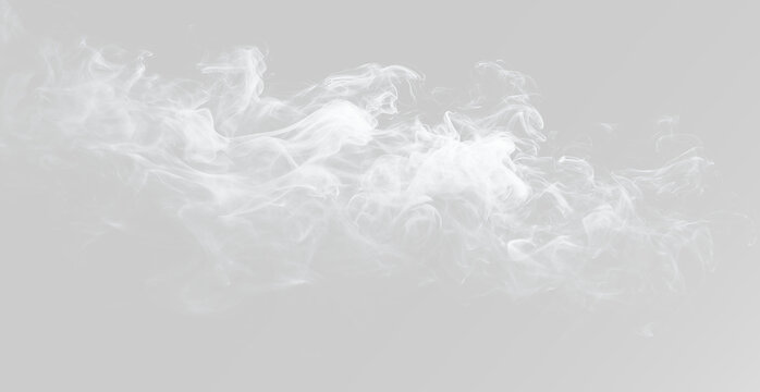 Thick grey smoke puff with dynamic flowing motion. Abstract monochrome gas or steam discharge on white. Realistic vapor cloud texture for environmental or industrial concept overlay fog effect png