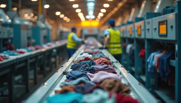 Workers sort textile waste on a conveyor belt in a factory. Automated machinery separates clothes for recycling. Sustainable industry supports circular economy principles and resource conservation.