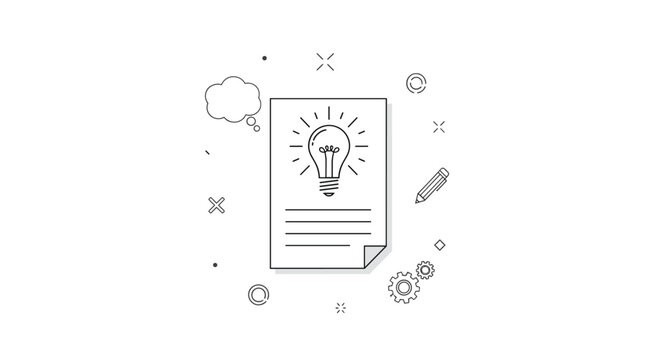 A minimalist line art illustration of a lightbulb on a document, surrounded by a thought bubble, pencil, gears, and abstract shapes on a white background.