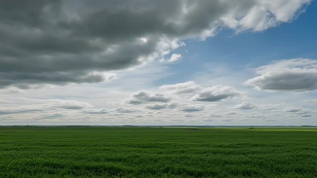 Vast green field with dramatic cloudscape and a sliver of distant land