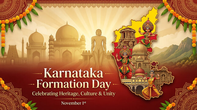 Karnataka formation day celebration background with heritage architecture and cultural map illustration