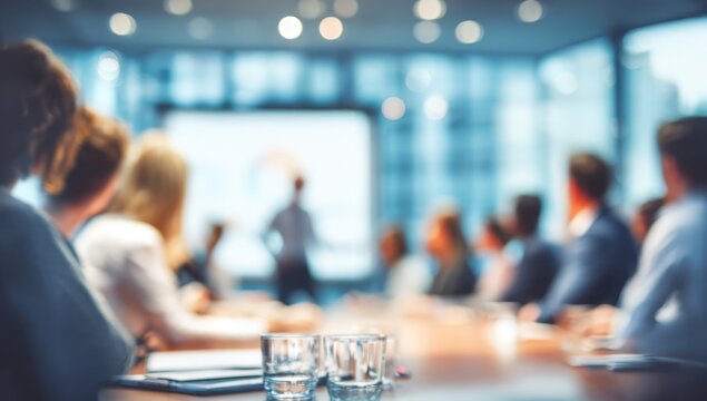 Blurred image of a business meeting in a modern conference room.