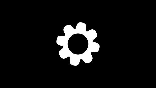A stark white, stylized gear or cogwheel is centrally placed on a deep black background, representing mechanics, industry, settings, or operational processes in a clean, minimalist