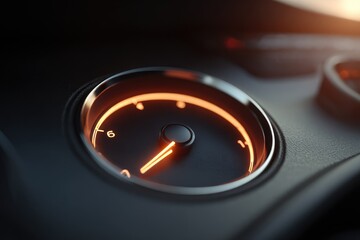 Naklejka premium Close-up of a modern cars fuel gauge with an orange glow.