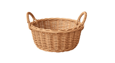 Fototapeta premium A round, light brown woven wicker basket featuring two integrated looped handles, presented centrally on a pristine white background.