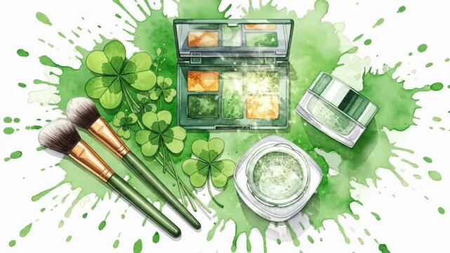 Green makeup palette, brushes, and cream with shamrocks for St. Patricks Day celebration. Watercolor illustration of beauty products and clover.