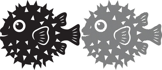 Two distinct illustrations of a pufferfish showcasing different textures and patterns © Fahim