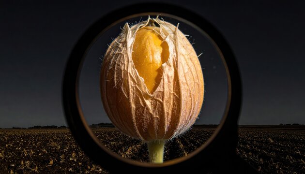 Close-up view of a bio-engineered seed with enhanced nutrient content, set against a blurred agricultural field backdrop