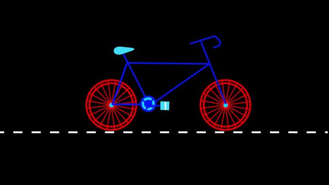 A stylized cartoon-like bicycle with a blue frame red wheels and a light blue seat is depicted against a black background with a dashed white line representing a road or path