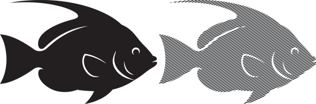 Two contrasting fish designs in black and white graphic style