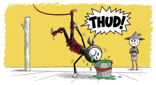 Cartoon Character Painting Wall with Paint Roller.