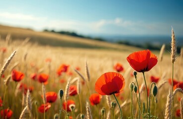 Obraz premium Field edge with ripe wheat and blooming red poppies under blue summer sky. Golden grain stalks sway gently. Nature scene offers peaceful rural landscape, sunlit farmland, organic growth.