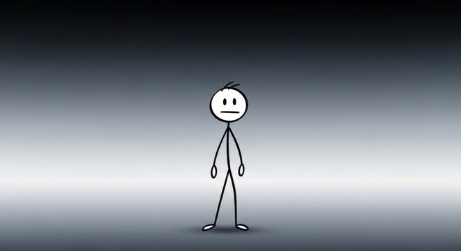 Lonely Stick Figure Standing Alone in Darkness.