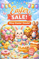 Obraz premium Easter sale banner with cute bunny eggs and festive sweets spring promotion