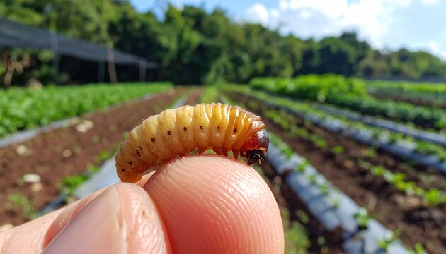 Close-up of a protein-rich edible insect larva glistening on a fingertip in a farm field