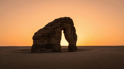 Minimalist desert landscape at sunrise. Smooth sandstone rock formation silhouetted against soft orange sky. Clean horizon line, no vegetation. Crisp digital clarity